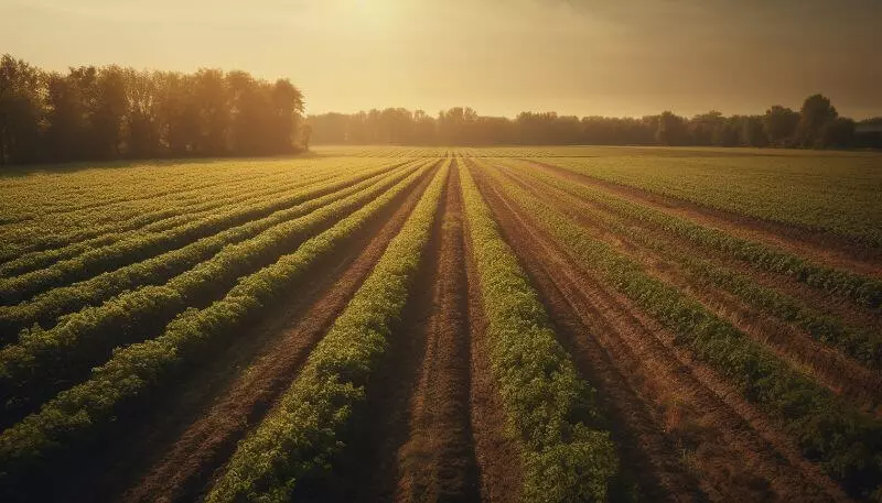 Imagem de um campo verde com um trator ao fundo